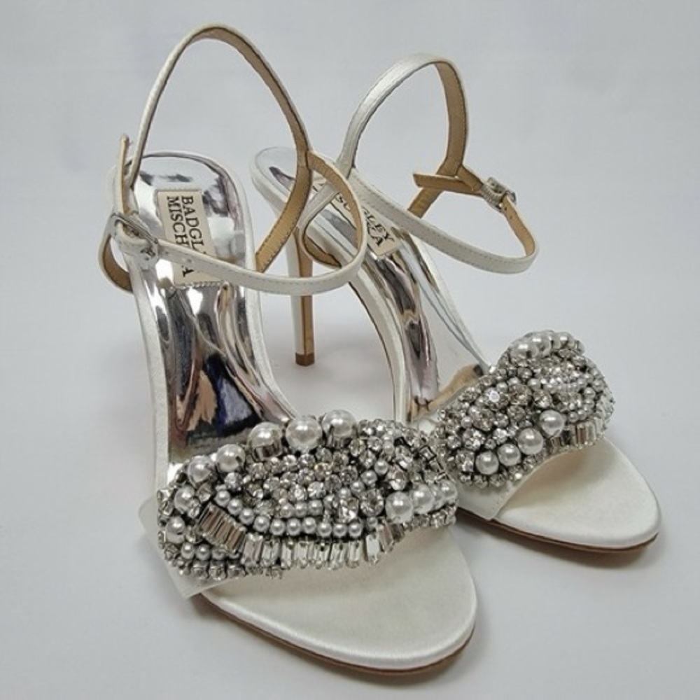 Badgley Mischka Odelia White Crystal & Pearl Embellished Open-Toe Heels - Picture 3 of 13